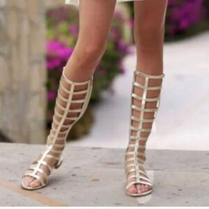 Silver gold goddess gladiator 7.5 flat sandals knee boots